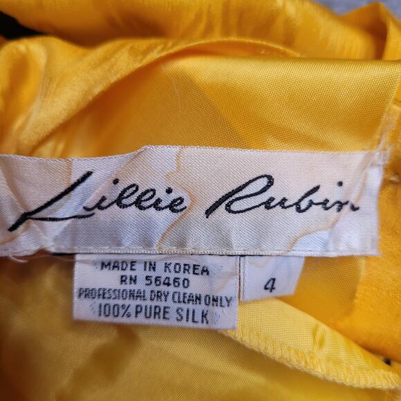 VTG Lillie Rubin Dress 4 Yellow Black Silk Drop Waist Blouson Zigzag Print 80s - Picture 6 of 9